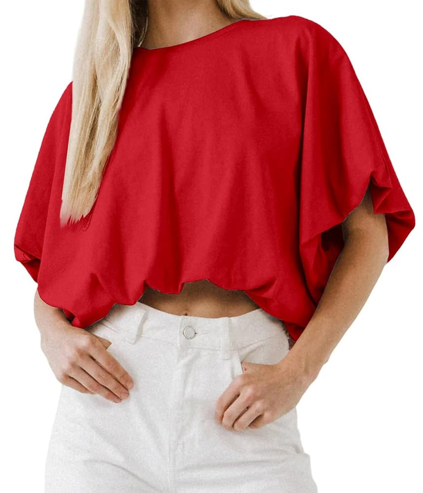 Womens Summer Crewneck Crop Tops Short Sleeve Casual Loose Cropped T Shirts | Amazon (US)