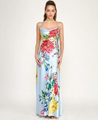 Juniors' Cowl Neck Printed Spaghetti Straps Satin Gown | Macy's