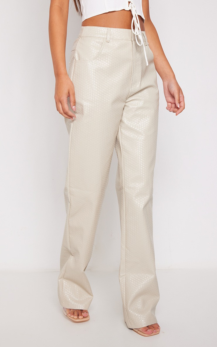 Ecru Textured Faux Leather Straight Leg Pants | PrettyLittleThing US