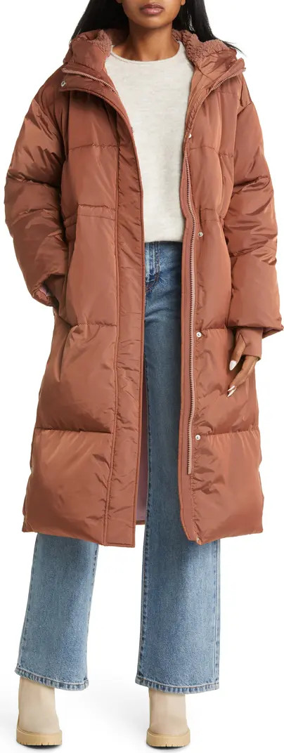 Keeley Faux Shearling Trim Longline Puffer Coat | Nordstrom