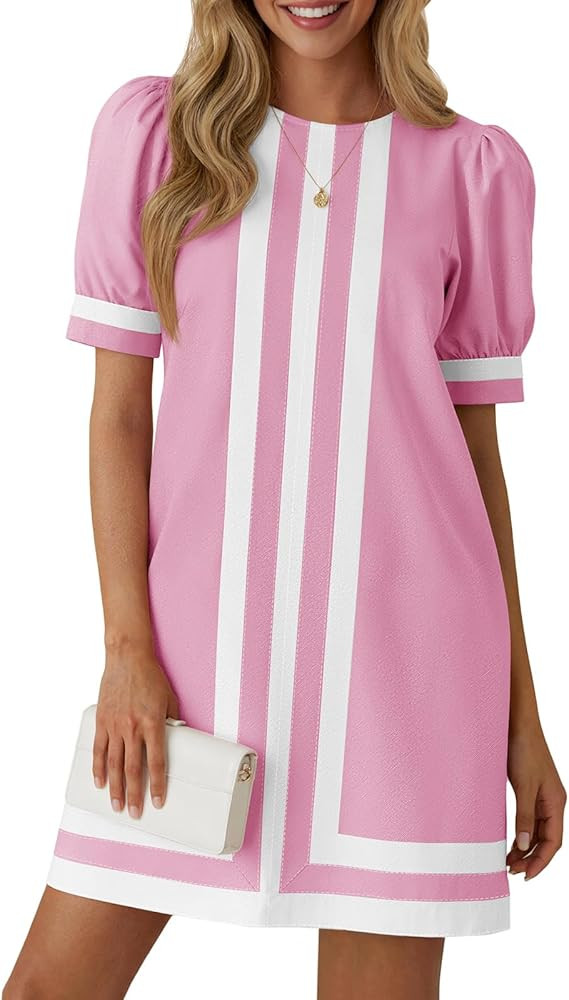 Wenrine Womens Puff Short Sleeve Mini Dress Summer Crewneck Striped Color Block Loose Casual Shif... | Amazon (US)