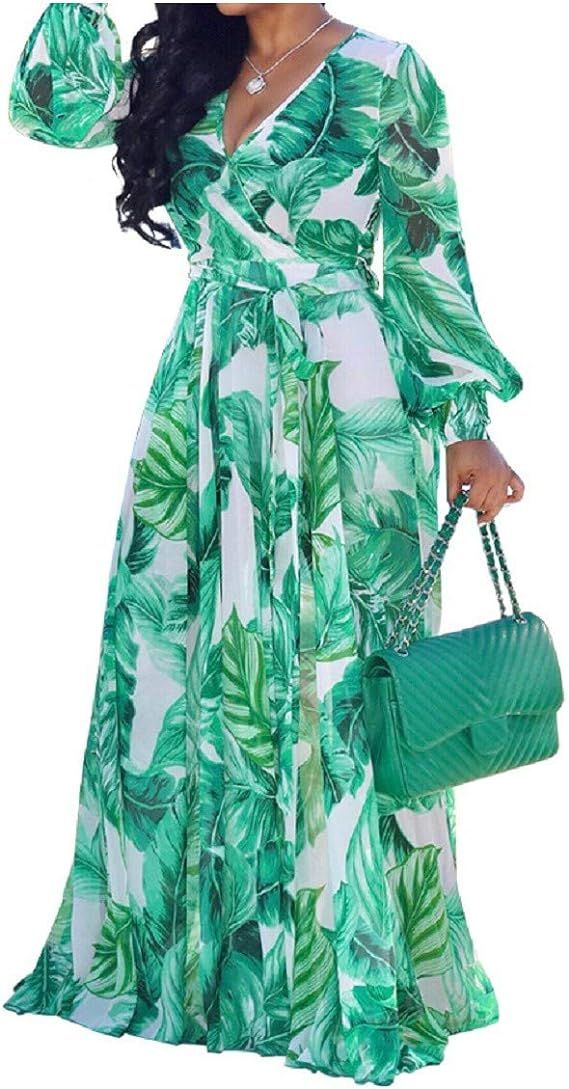 lvenzse Womens Maxi Dress Boho Chiffon Floral Printed V-Neck Long Dresses (S-5XL) | Amazon (US)