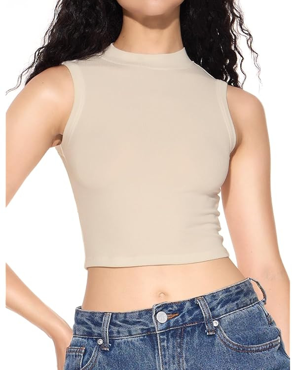 Women's Ribbed Crop Tops, Sleeveless Mock Neck Tank Tops for Summer Clothes | Amazon (US)