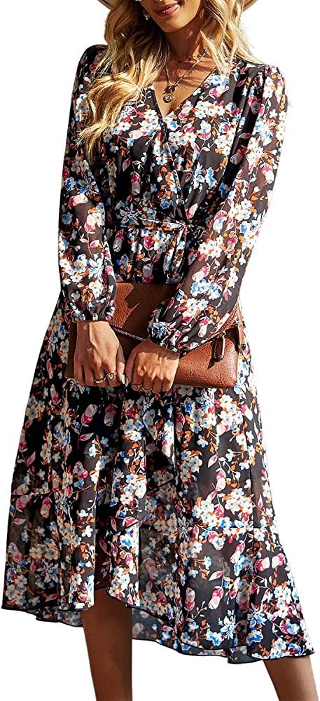 PRETTYGARDEN Women's Floral Print Boho Dress Long Sleeve Wrap V Neck Ruffle Belted A-Line Flowy Maxi | Amazon (US)