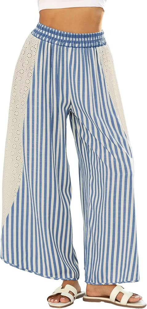 Athlisan Womens Summer Casual Loose Striped Wide Leg Lounge Pants Elastic Waist Palazzo Trousers | Amazon (US)