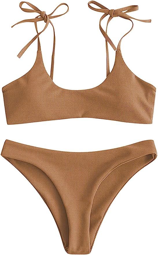 Sechico Women Tie Shoulder Ribbed Bikini Set Padded Strap Swimsuit | Amazon (US)