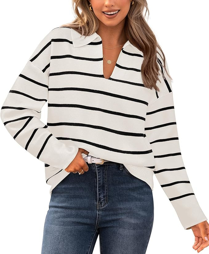 CFLONGE Fall Sweaters for Women 2024 Casual Striped Sweater Long Sleeve Polo V Neck Pullover Jump... | Amazon (US)