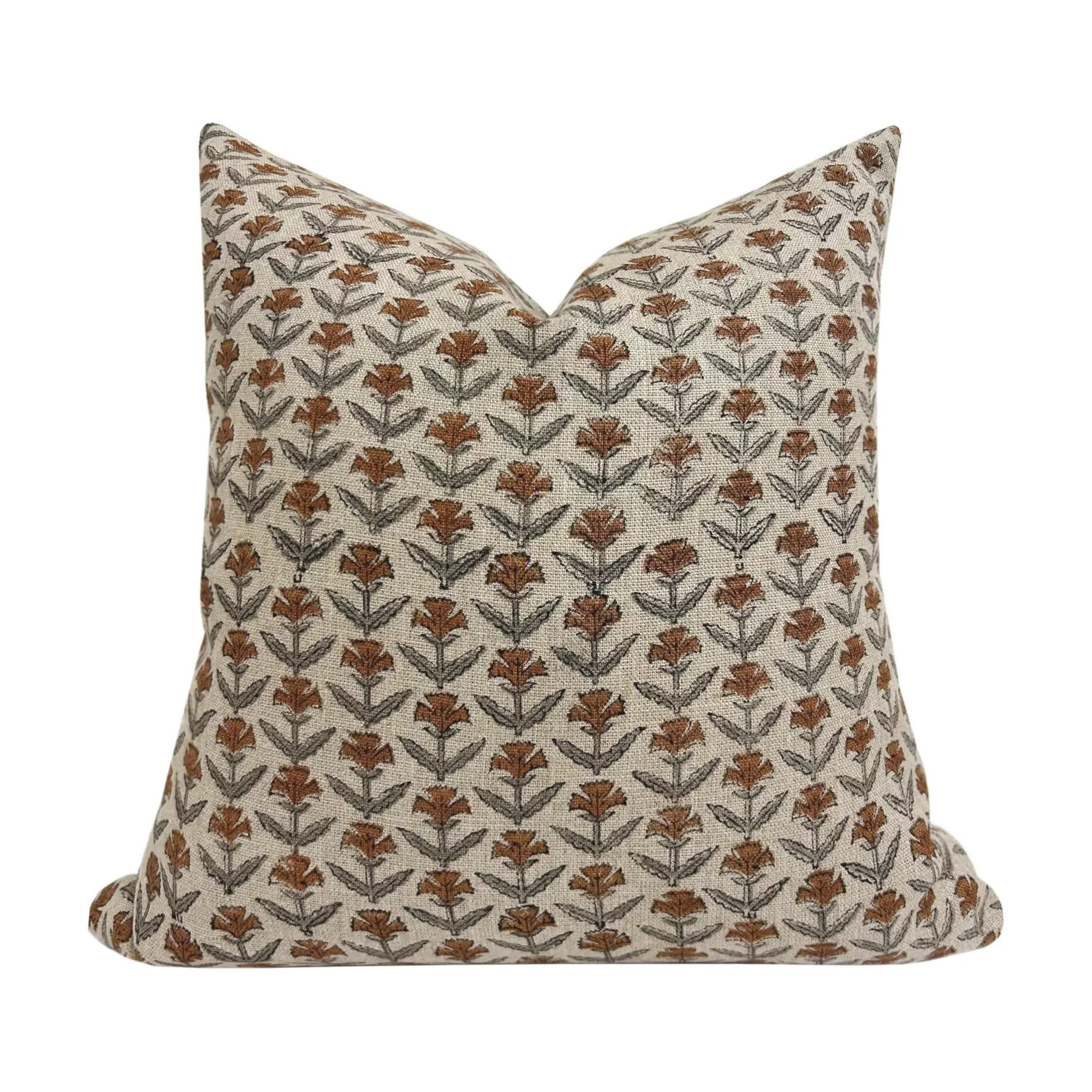 OTIS || Designer Floral Linen Pillow Cover,  Rust and Grey Floral Pillow Cover, Block Print Linen... | Etsy (US)