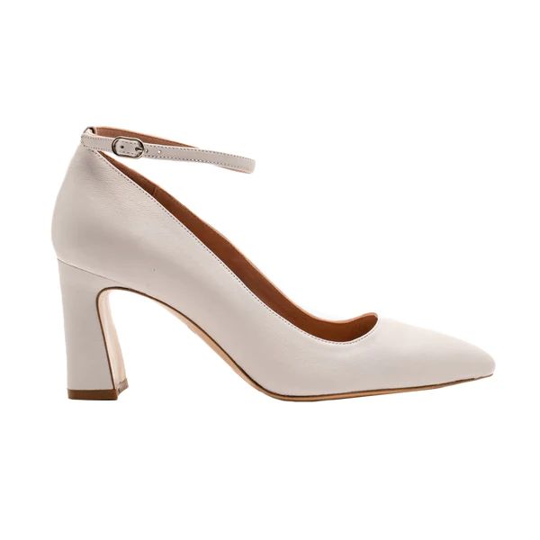 Classic White Leather Block Heel Pump (White Leather Ankle Strap) | ALLY Shoes