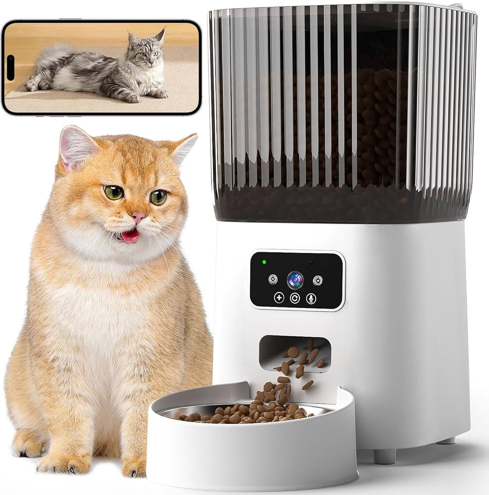 Automatic Cat Feeder with Camera, 1080P Live Video with Night Vision, 6L/25 Cups Timed Cat Food D... | Amazon (US)