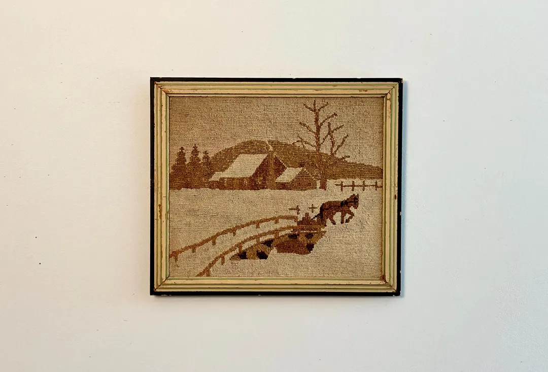 Antique Framed Pictorial Hooked Mat: Winter Landscape With Farm Houses, a Horse and Buggy, From Q... | Etsy (US)