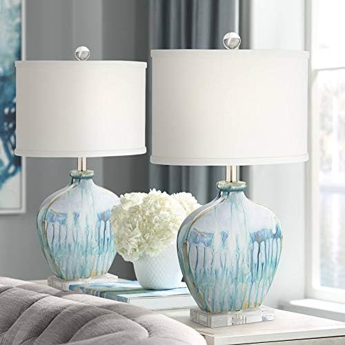 Mia Coastal Contemporary Style Table Lamps Set of 2 Ceramic Blue Drip Off White Oval Shade Decor ... | Amazon (US)