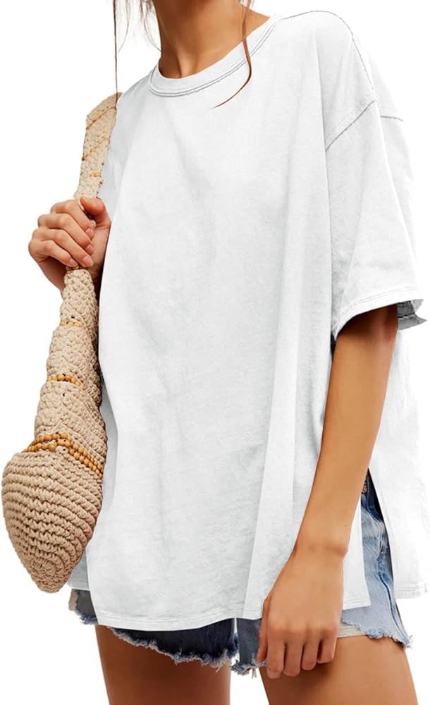Tankaneo Womens Oversized Tshirts Summer Casual Short Sleeve Crew Neck T Shirt Loose Fit Side Sli... | Amazon (US)