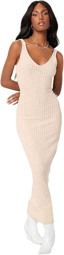 SheIn Women's Ribbed Knit Tank Bodycon Maxi Dress Basic V Neck Sleeveless Long Pencil Dresses | Amazon (US)