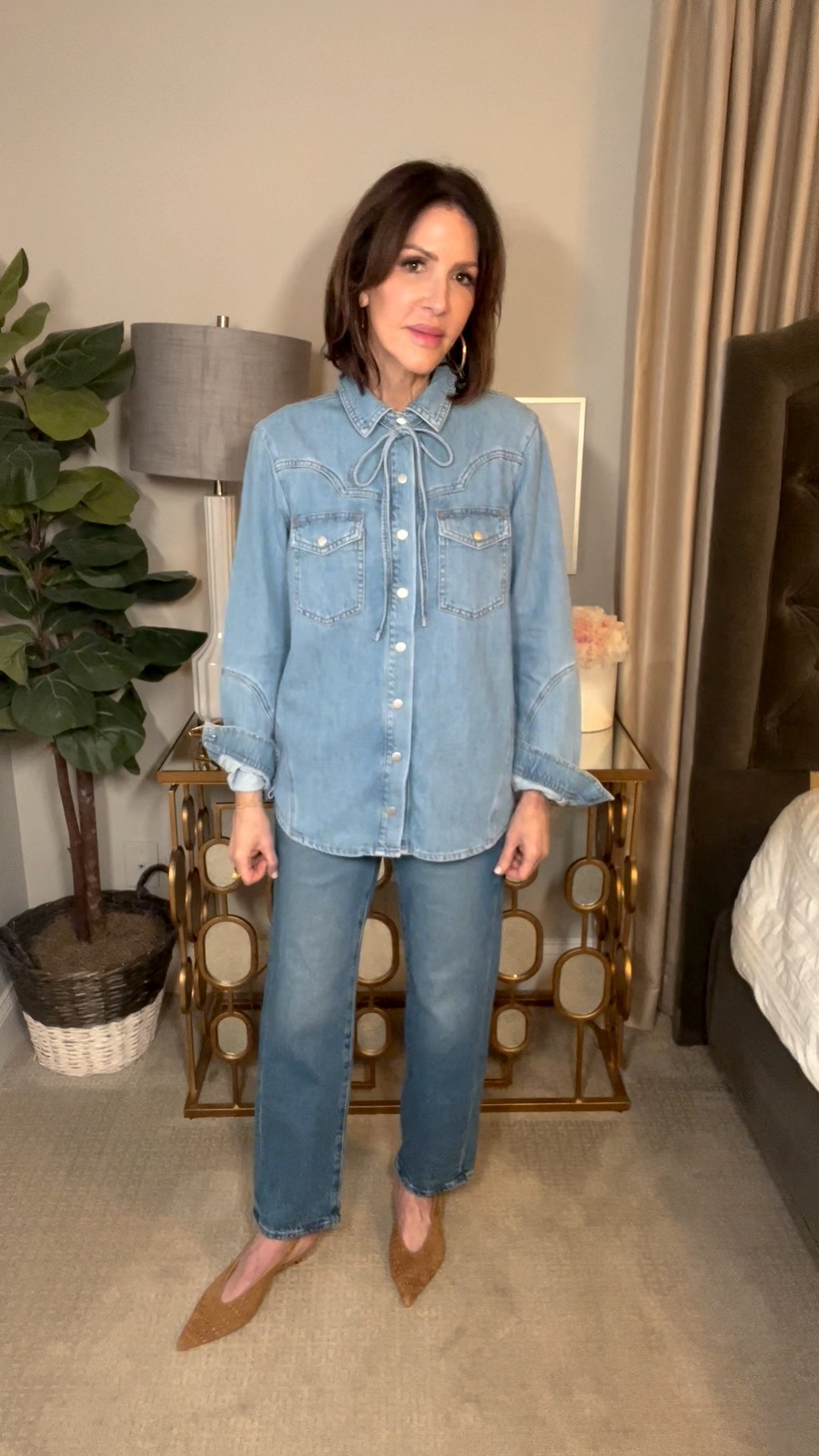 bolo tie denim top, straight leg denim, suede heels, over 50 outfits, denim on denim outfit 

#LTKOver40 #LTKootd #LTKSeasonal