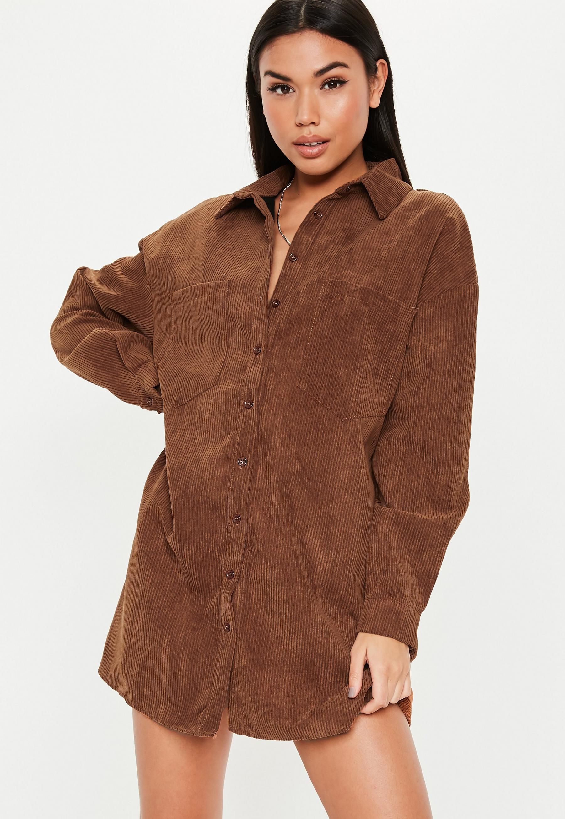 Missguided - Tan Oversized Cord Shirt Dress | Missguided (US & CA)