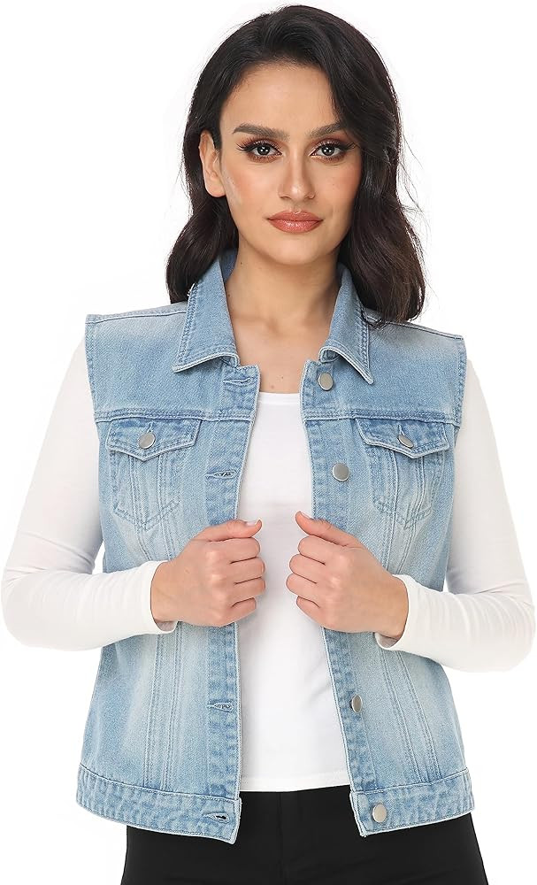 MISS MOLY Women Denim Vest Sleeveless Cropped Jean Vest Jacket with Chest Pockets-L Light Blue at... | Amazon (US)