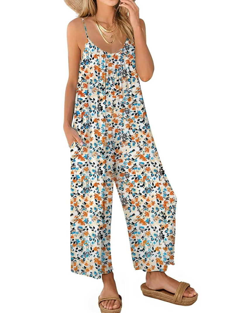 Fantaslook Jumpsuits for Women Casual Sleeveless Spaghetti Strap Rompers Boho Wide Leg Jumpsuits ... | Walmart (US)