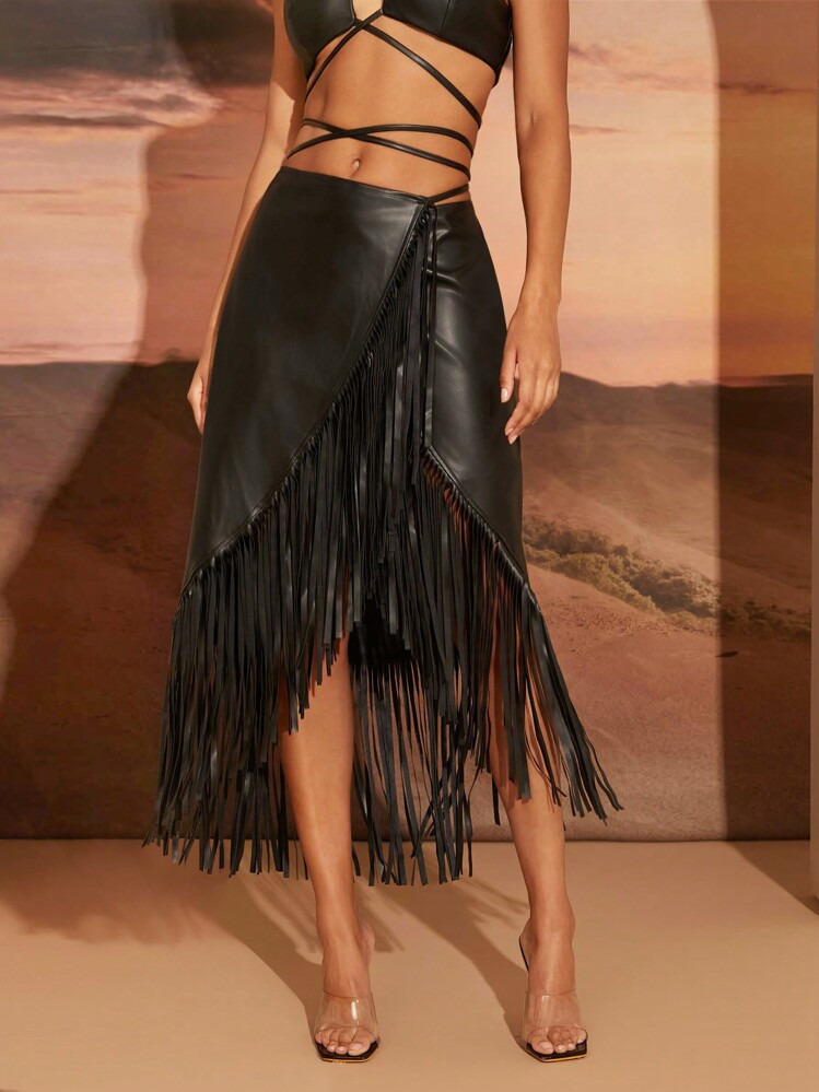 Hauture Stylish Black Faux Leather High-Waisted Midi Skirt With Fringe Detailing | SHEIN