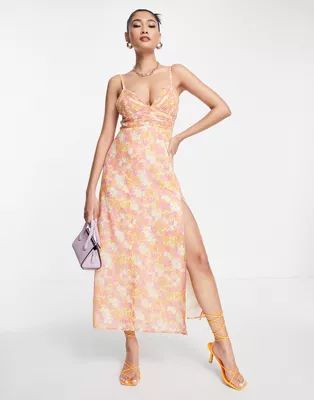 ASOS DESIGN cami pleated midi dress with slit in coral floral print | ASOS (Global)