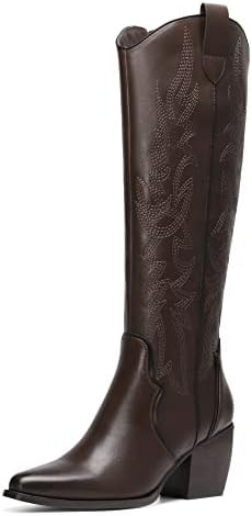 DREAM PAIRS Womens Cowboy Boots Wide Calf Comfortable Pull On Zipper Chunky Heel Pointed Toe Embr... | Amazon (US)