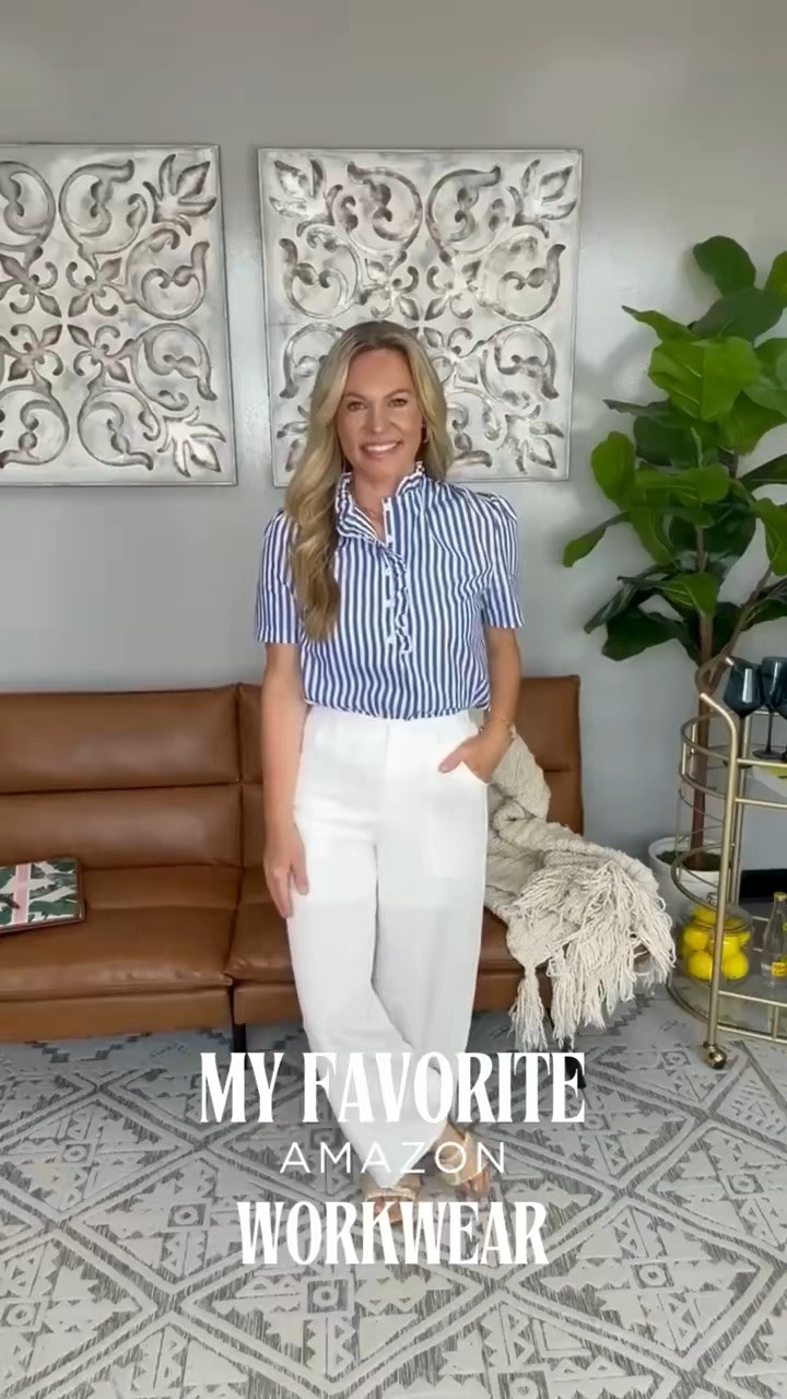This Amazon workwear outfit is one I keep reaching for because it looks professional without sacrificing comfort. The striped blouse adds a classic touch, and the white trousers keep the look crisp, making it an easy choice for office days, client meetings, or business lunches.

Amazon workwear, office outfit, business casual, striped blouse, white trousers, professional style, office fashion, workwear inspiration, elevated basics, AudrieDollins

#LTKootd #LTKWorkwear #LTKdayinmylife