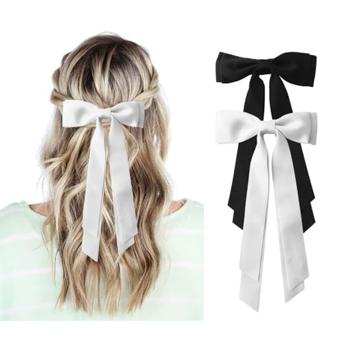 Black and White Hair Bows for Women - 2Pcs Silkly Satin Hair Ribbon Bow with Metal Clips Hair Accessories for Girls | Amazon (US)