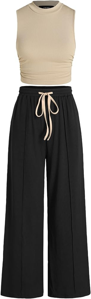 CIDER Ruched Tank Crop Top & Elastic Waist Knotted Trousers Set | Amazon (US)