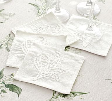 Monique Lhuillier Lily of the Valley Embroidered Cotton/Linen Cocktail Coasters - Set of 4 | Pottery Barn (US)