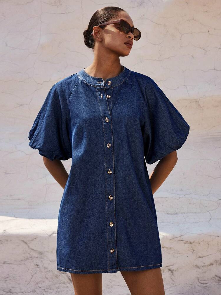 Maija Women's Single-Breasted Pleated Casual Vacation Travel Lantern Sleeve Denim Dress | SHEIN