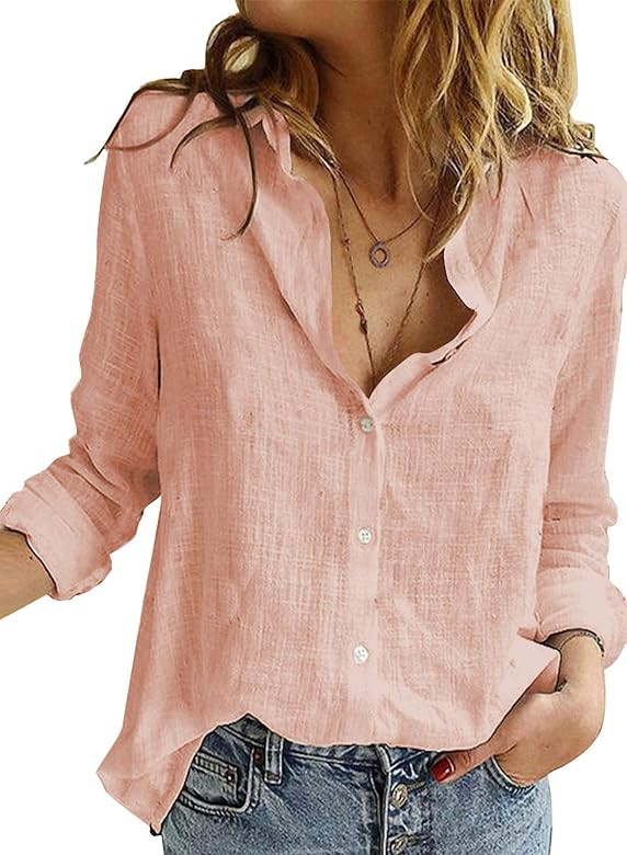 Blouses for Women Casual V Neck Solid Color Womens Long Sleeve Button Down Tops Chiffon Shirts | Amazon (US)