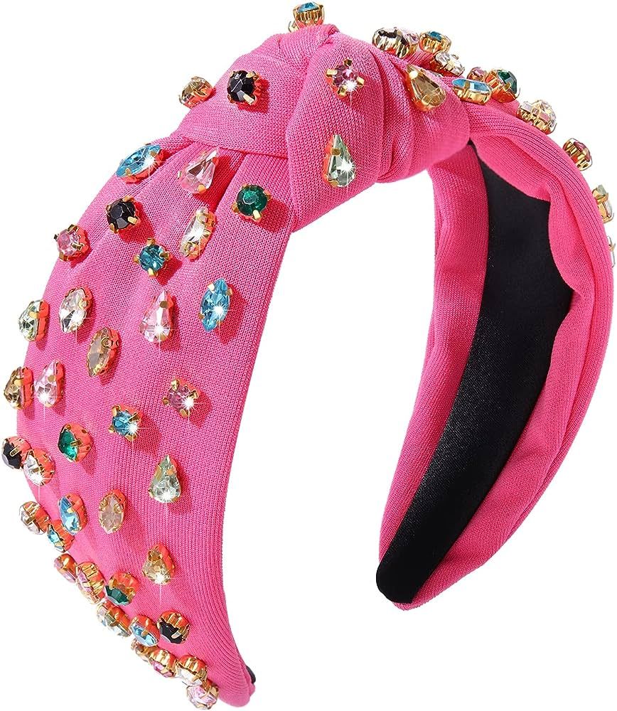 NVENF Hot Pink Headband Rhinestone Knotted Headbands for Women, Crystal Beaded Jeweled Headbands,... | Amazon (US)