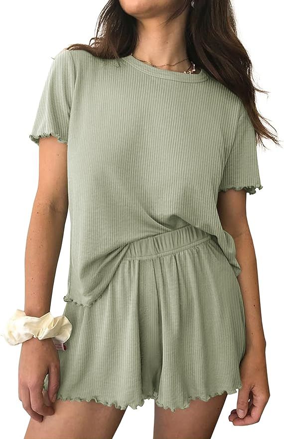 Ekouaer Womens Pajamas 2 Piece Ribbed Knit Pjs Short Sleeve Sleepwear Set Summer Soft Pajamas Set... | Amazon (US)