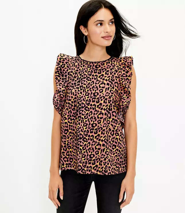 Leopard Print Cutout Back Ruffle Shell | LOFT
