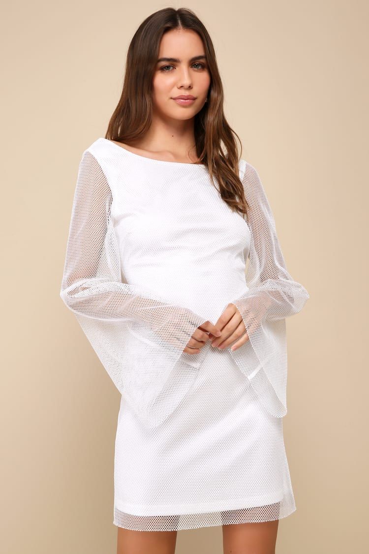 Special Glow White Fishnet Lurex Bell Sleeve Mini Dress | Lulus
