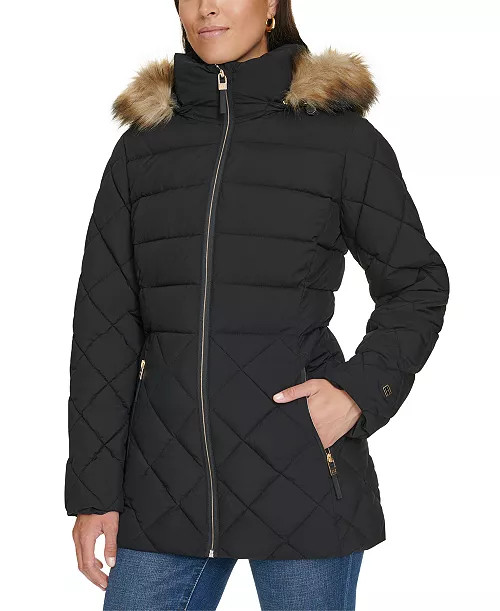 Women's Bibbed Faux-Fur-Trim Hooded Puffer Coat | Macy's