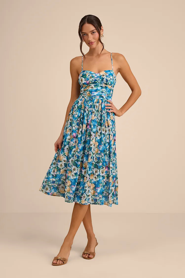 Aleyna Blue Multi Abstract Pleated Lace-Up Bustier Midi Dress | Lulus