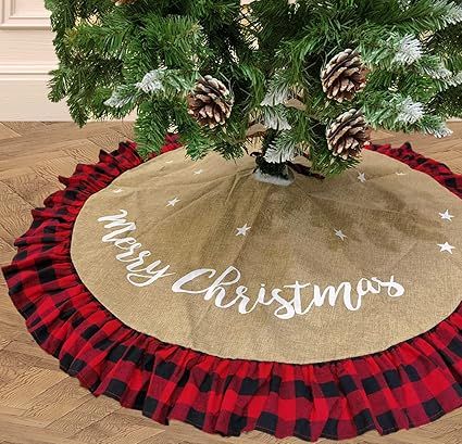 AISENO 48 Inch Christmas Tree Skirt Linen Burlap Buffalo Plaid Edge Decoration for Merry Christma... | Amazon (US)