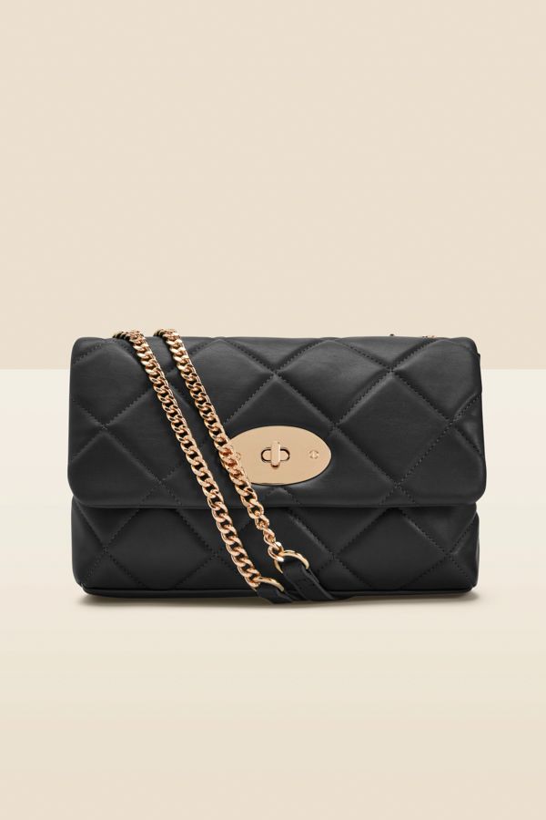 Black Faux Leather Quilted Clasp Detail Cross Body Bag | Sosandar