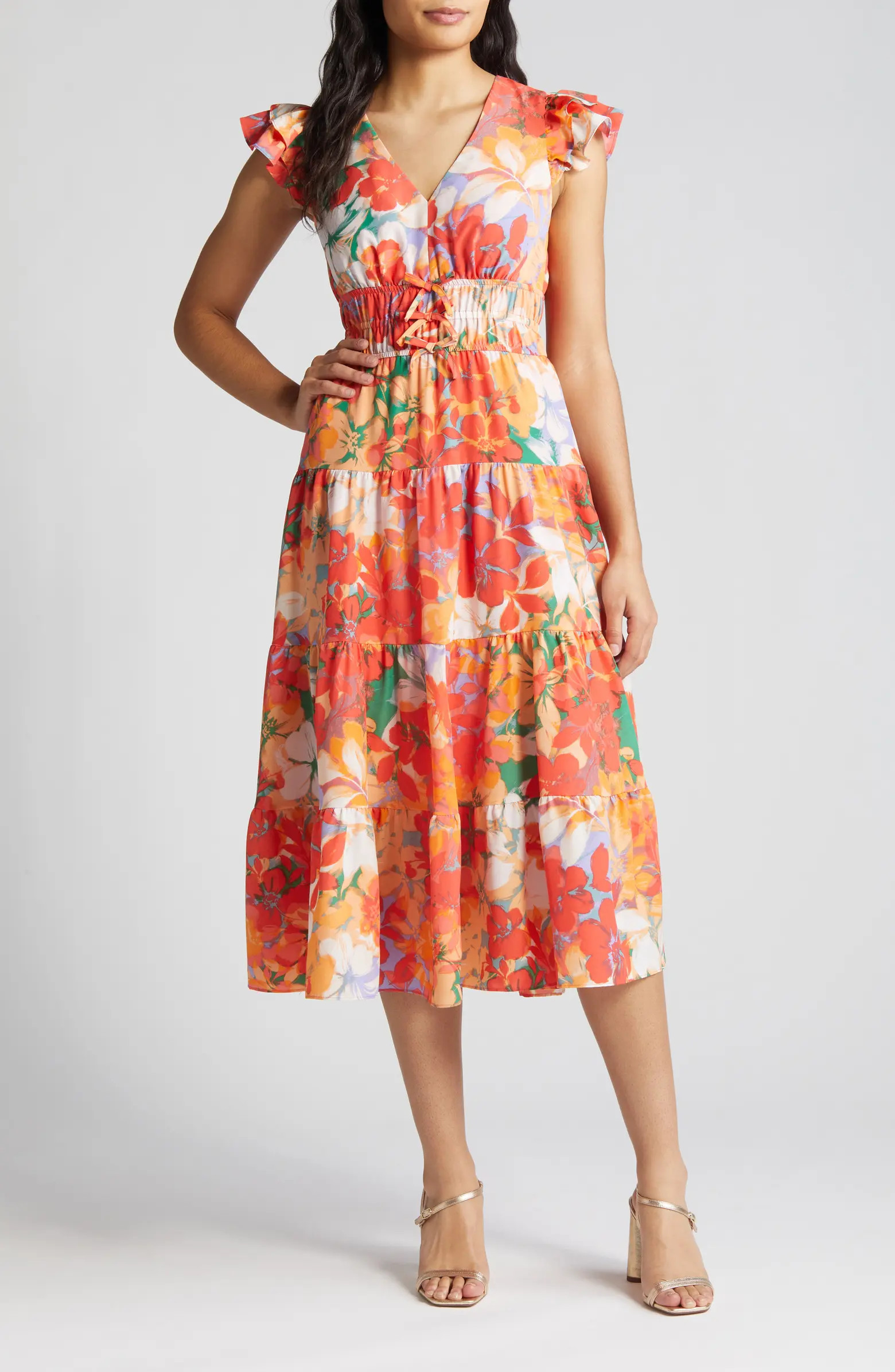 Floral Print Tiered Ruffle Sleeve Midi Dress | Nordstrom