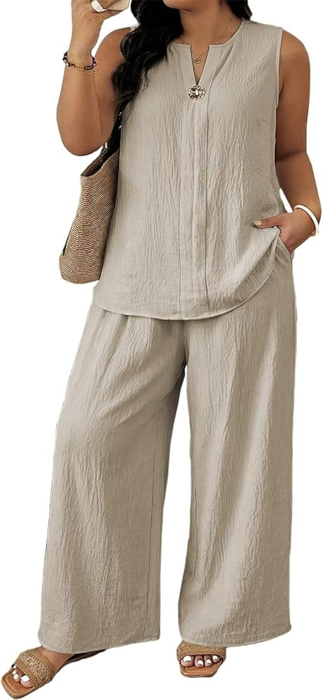 Eytino Plus Size 2 Piece Sets for Women Summer Travel Vacation Outfits Sleeveless Tops Wide Leg P... | Amazon (US)