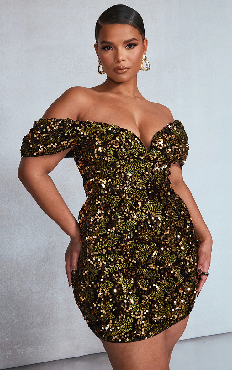 Plus Gold Sequin V Bar Bodycon Dress | PrettyLittleThing US