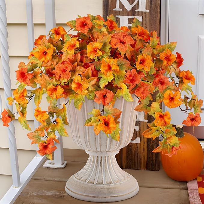 Fall Flowers Artificial for Decoration Fake Petunias Plants for Outdoor, 2PCS Autumn Silk Faux Fl... | Amazon (US)