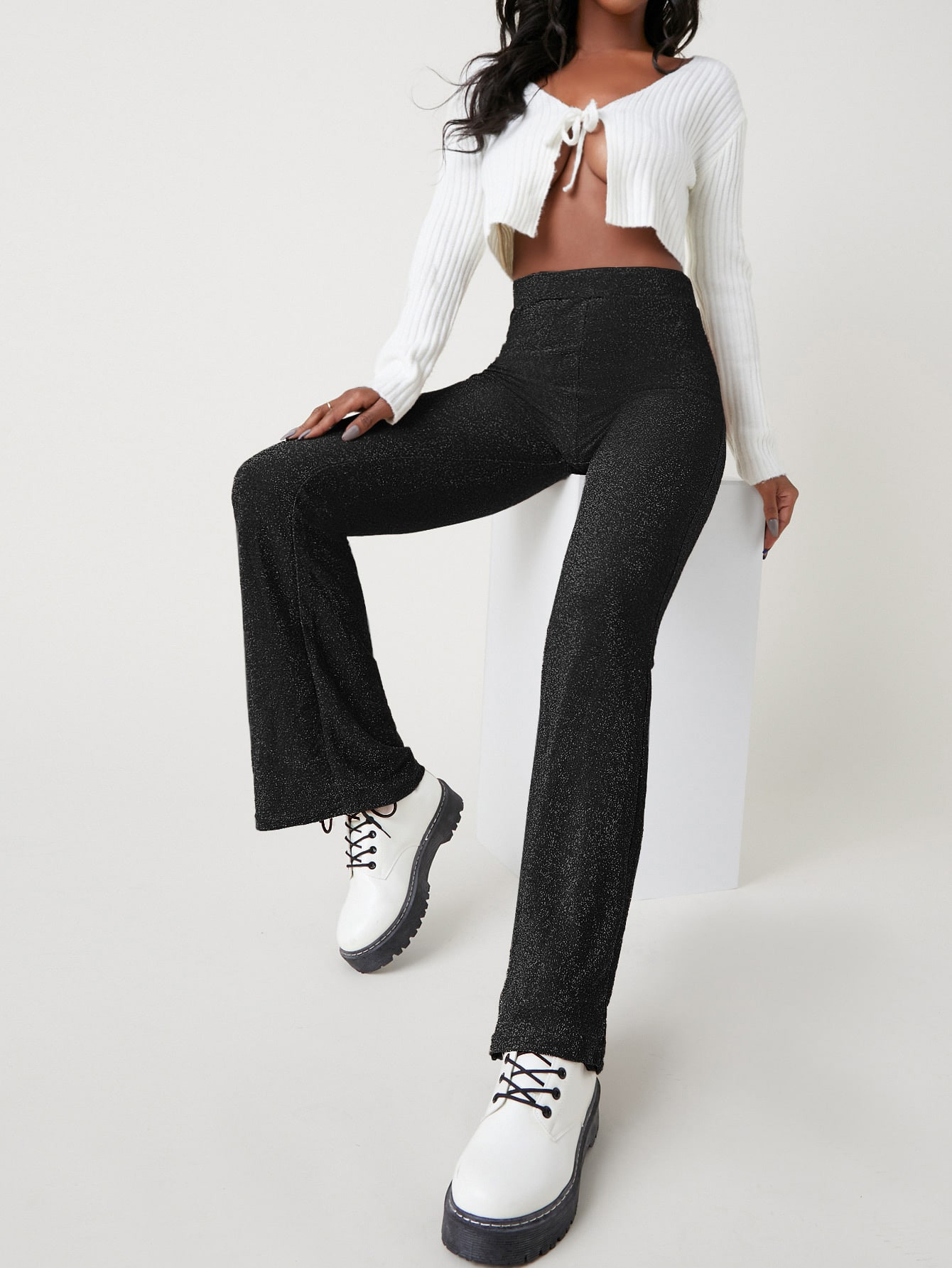 SHEIN Flare Leg High Waist Glitter Pants | SHEIN