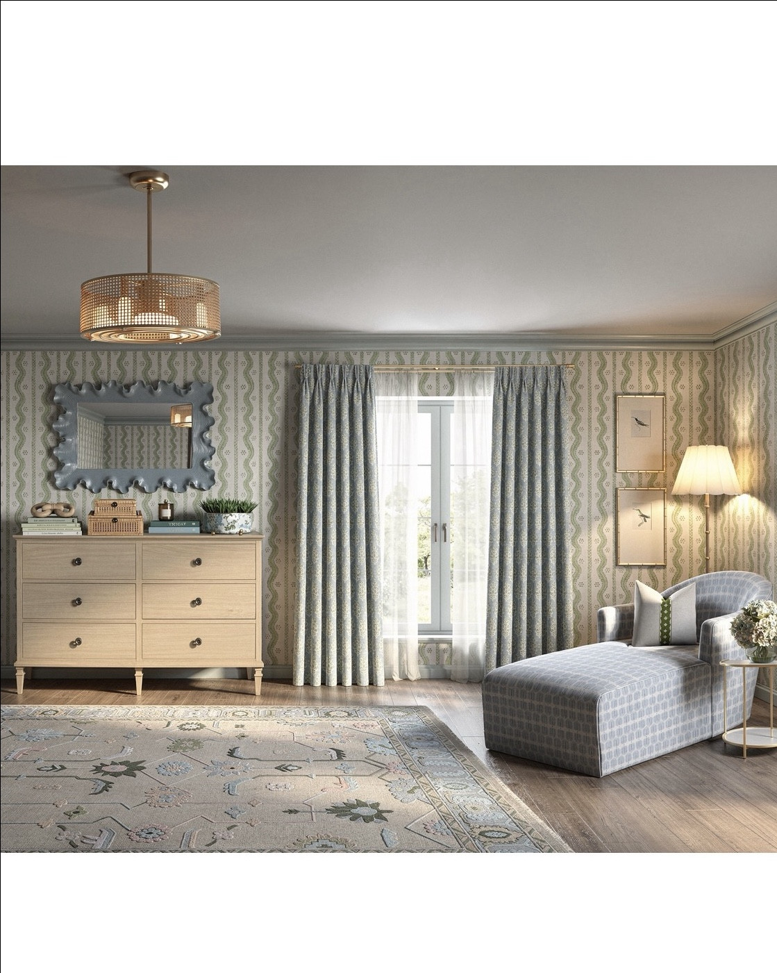 A view of the sitting area of this beautiful blue and green primary bedroom design! Love how whimsical and fun this is! 

#LTKdayinmylife #LTKSaleAlert #LTKHome