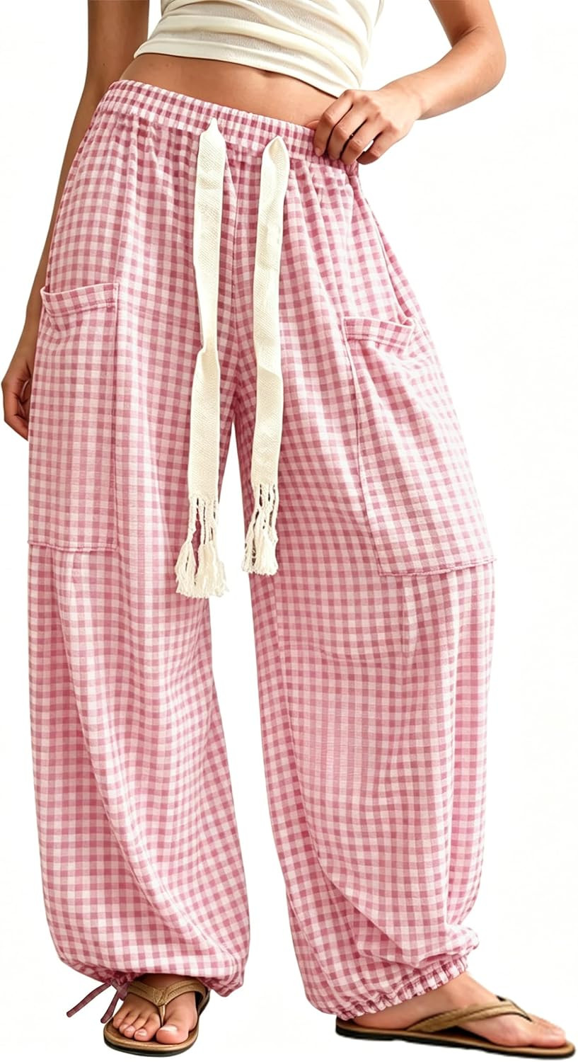Springrain Womens Gingham Boho Pants Baggy Wide Leg Trousers | Amazon (US)