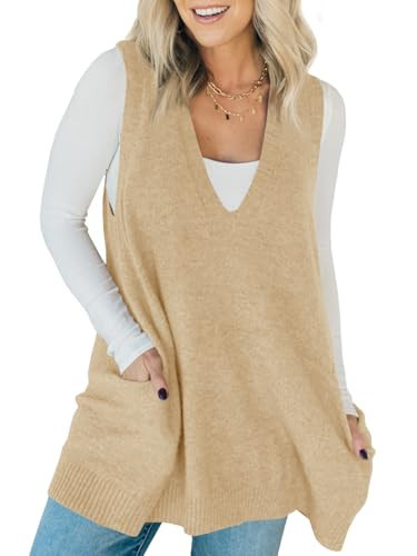 Saodimallsu Womens Sleeveless Sweater Vest Casual V Neck Knit Loose A Line Flattering Tunic Top with Pockets Beige | Amazon (US)