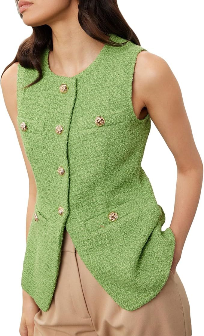 Women's Tweed Blazer Vest Sleeveless Button Front Summer Casual Blazer Jackets Work Office Vest | Amazon (US)