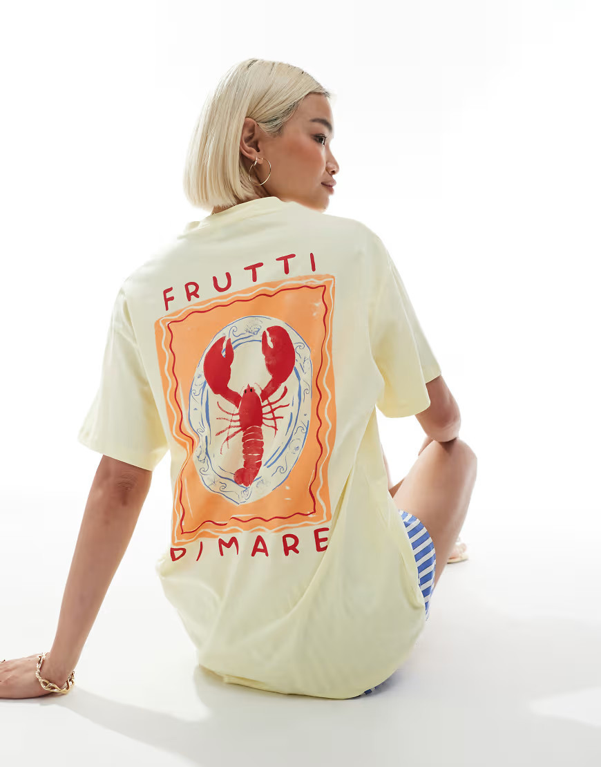 Miss Selfridge oversized lobster back print graphic tee in yellow | ASOS (Global)