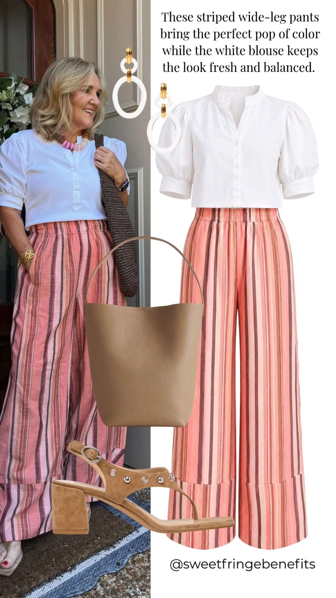 These striped wide-leg pants are such a fun way to add color to your summer wardrobe. Paired with a simple white blouse and woven accessories, this outfit is perfect for vacations, brunch, shopping days, and casual summer outings.

💡 LTK MADE EASY

❤️ Heart = Support my posts
🔖 Save = Get sale & restock alerts
📋 Lists = Keep favorites organized
📲 Share = Send to yourself for later
💬 Comment = Ask me anything 

 #LTKootd #LTKSeasonal #LTKOver40